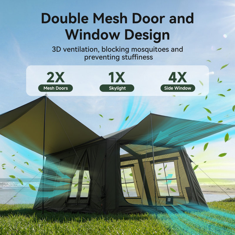 Inflatable Tents For Camping, Blow Up Tent With Hand Pump and Awning, Hot Tent With Stove Jack, Easy Setup, 8 Person, Green