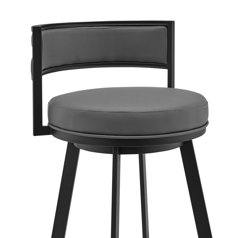 Annettia Modern Swivel Metal Counter or Bar Height Bar Stool in Gray Faux Leather Seat, Black