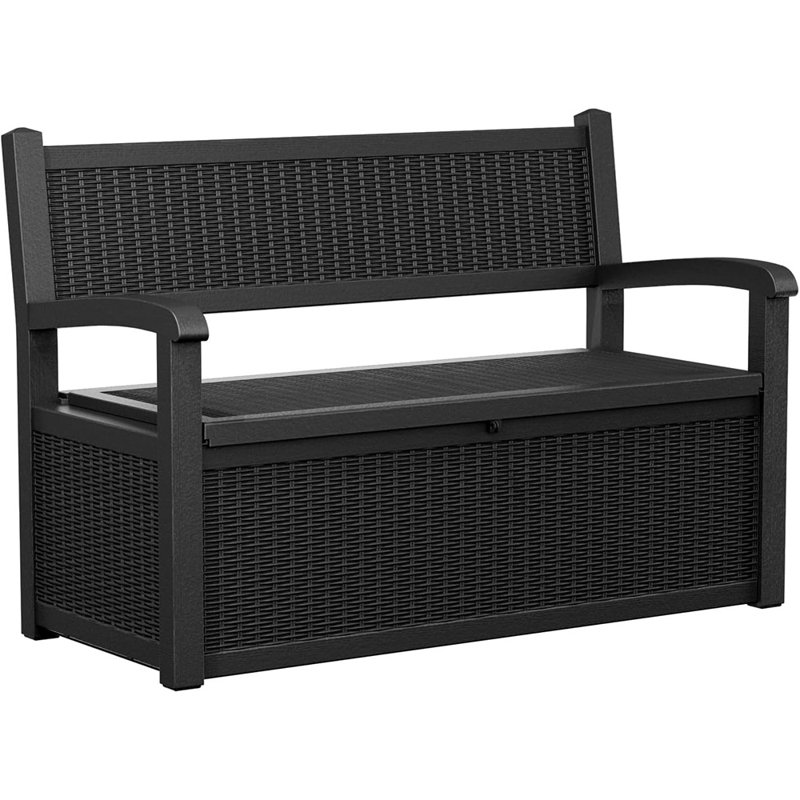 Banc de rangement 80 gallons avec rangement, banc de rangement extérieur avec accoudoirs pour véranda de jardin, imperméable et verrouillable, noir