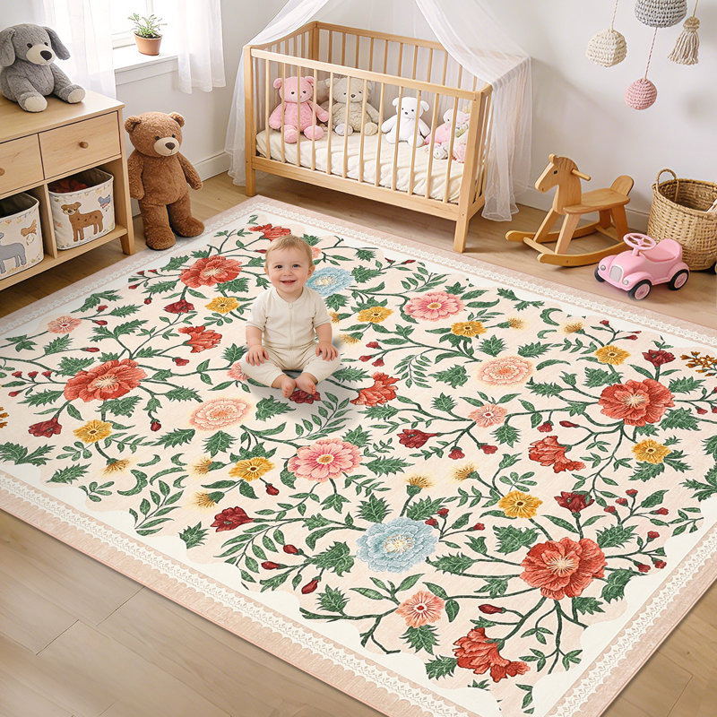 Washable Floral Area Rug Farmhouse Low Pile Non-Slip Soft Non-Shedding Carpet Stain Resistant Vintage Print Girls Room Rug for Living Room, Bedroom, Dining Room, Office, Beige