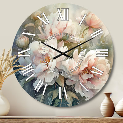 Pink Green Peonies On Branch II - Floral Peony White Face Wall Clock