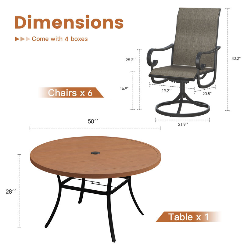 6-Person Patio Dining Set with 50" Round Metal Dining Table and 6 Swivel PVC-coated polyester Chairs, Brushwood Brown/Brown