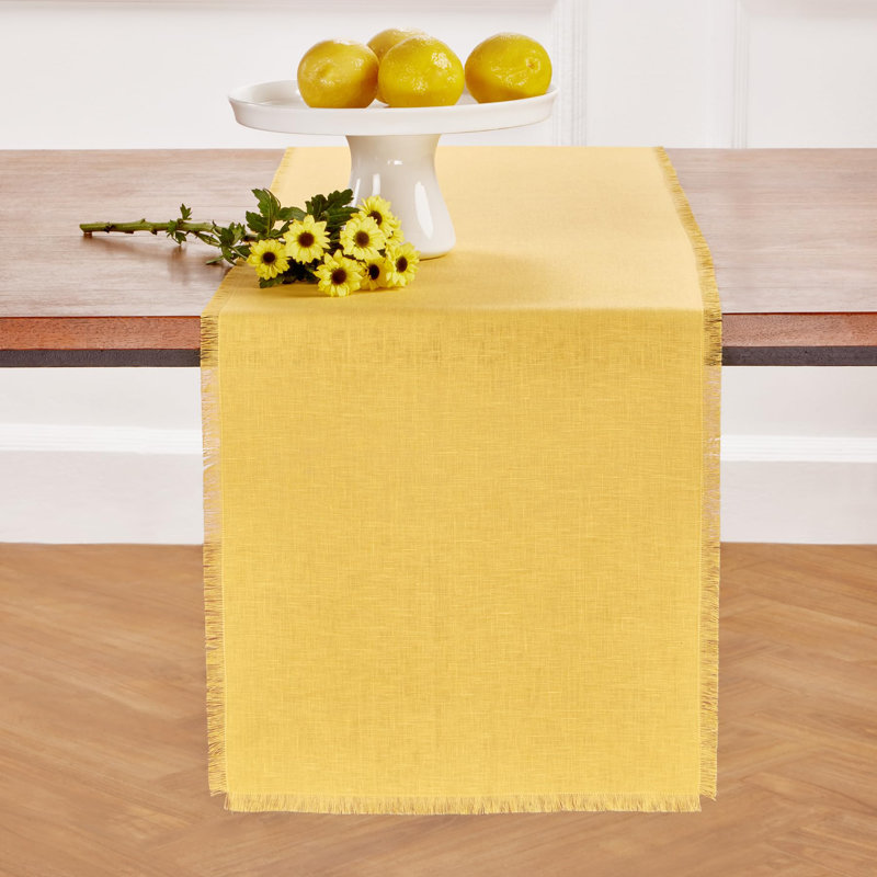Fringe - 100% Pure Linen Table Runner, 120" x 14" Rectangle, Marigold Yellow