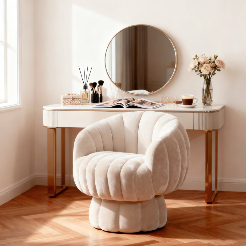 Fauteuil demi-tonneau rembourré rembourré avec coussin, Velours beige