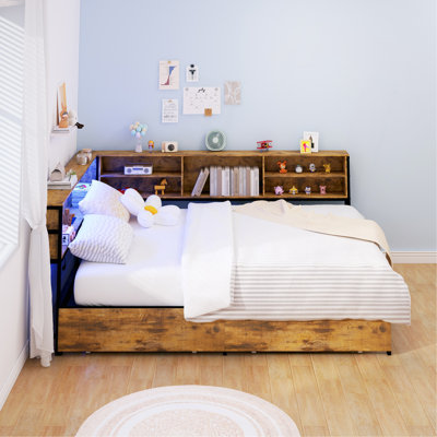 Structure de lit d'angle avec bibliothèque de rangement, lit de jour avec tiroirs de rangement en dessous, unité de lit pour enfants avec station de charge et lumière DEL