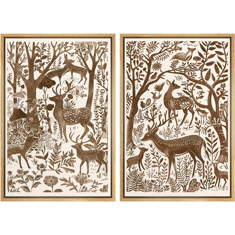 Aquarelle, cerf brun dans la forêt, art mural botanique rustique, impression sur toile encadrée 2 pièces, Encadré naturel