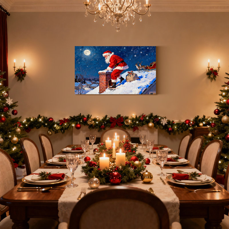 Ensemble de 3 reproductions d'art sur toile, "Christmas Santa Climbs Chimney Under Moonlit Sky", H 16 po x l 24 po