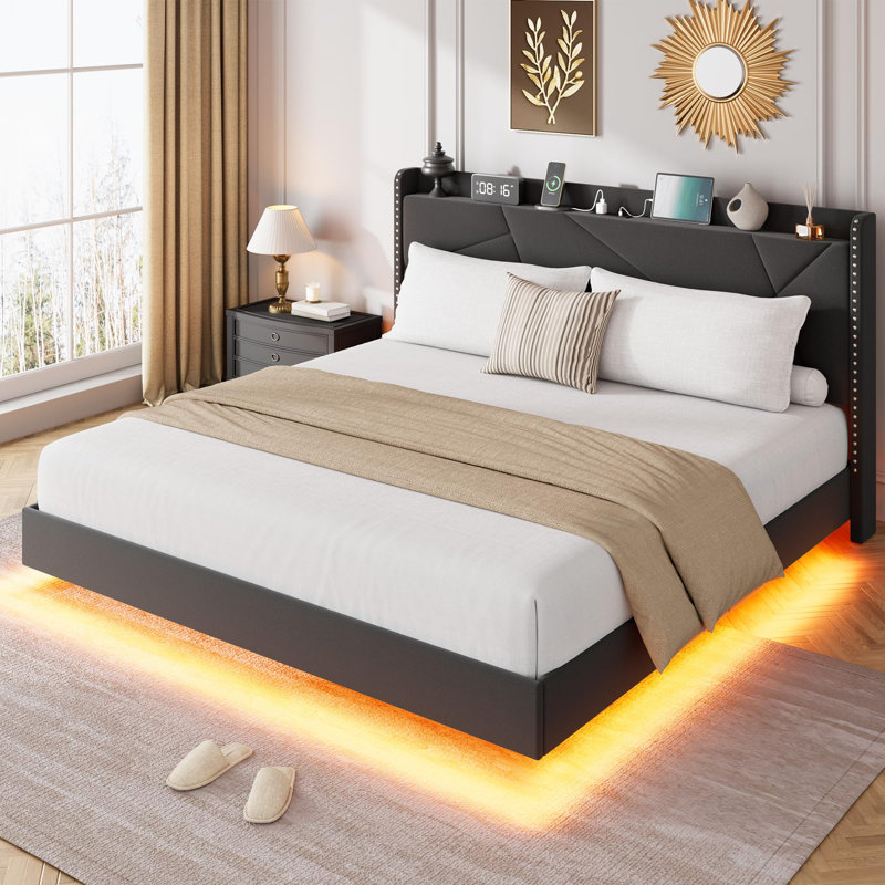 Full Size Modern Floating Bed Frame with LED Lights & Charging Station, Upholstered Storage Headboard with Folding Shelves, Metal Slat Support, No Box Spring Needed - Black
