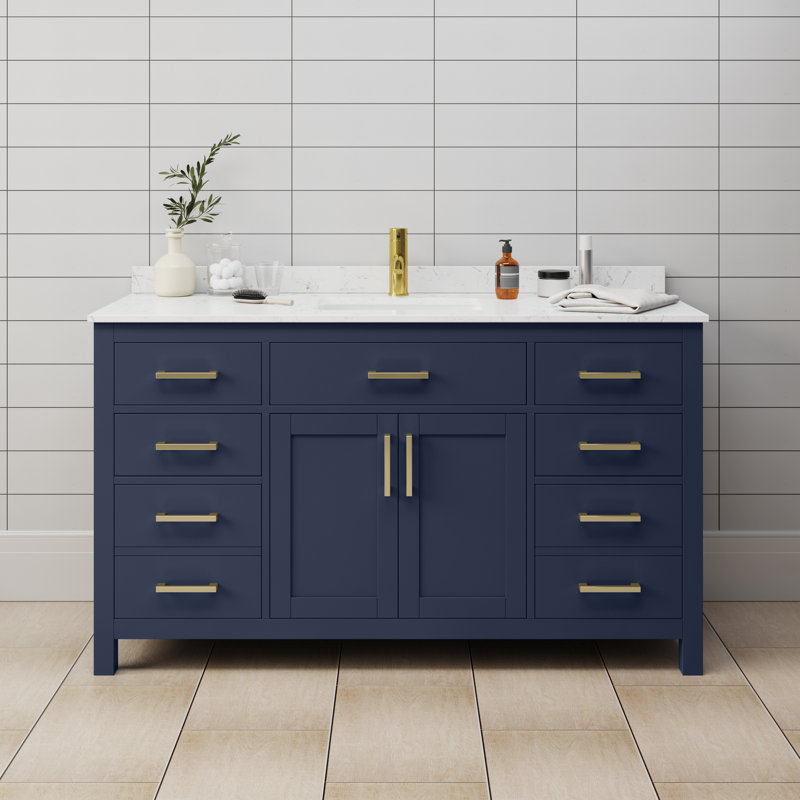 Beckett 60" Single Bathroom Vanity Set, Carrara Cultured Marble, Dark Blue, Brushed Gold