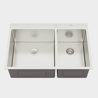 Évier de cuisine à double cuve (60/40) en acier inoxydable de calibre 16 avec cuves profondes 33 po x 22 po x 10 po