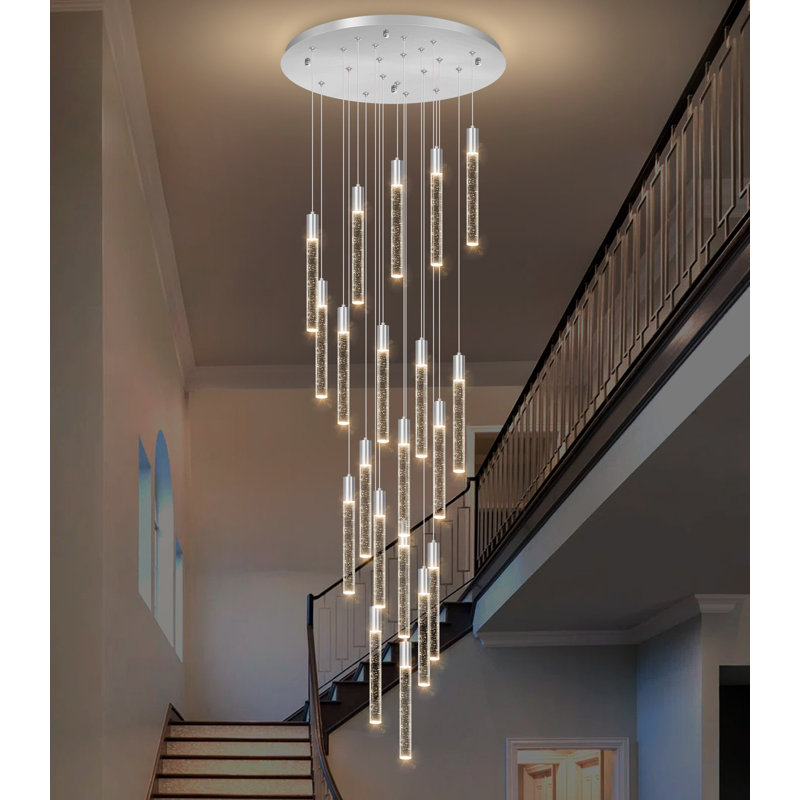 High Ceiling Crystal Staircase Chandelier, Silver, 24, 155" H x 23.6" W x 23.6" D