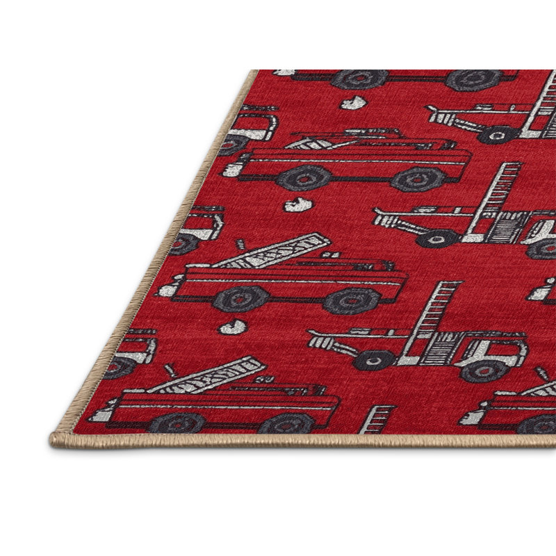 Machine Washable Transportation Red Area Rug, Round 3'