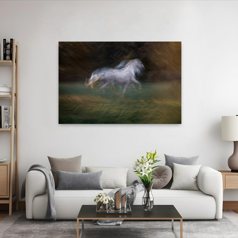 «Dreamy White Horse Motion Abstract Dreamy Elegant Horse Nature», art mural, 40" H x 60" W