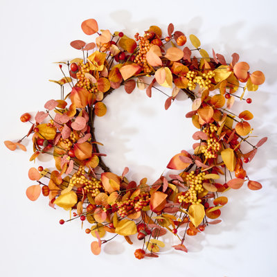 22" Artificial Fall Leaves And Chinese Lanterns Wreath On Wire Base