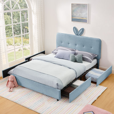 Full Size Kids Upholstered Bed with Rabbit Ear Headboard, LED Light & 4 Storage Drawers, Boucle Fabric,Beige