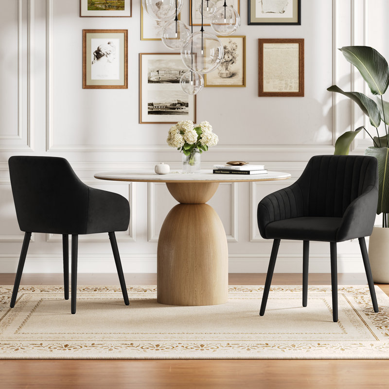 49.5cm H Upholstered Dining Chairs With Wooden Legs, Black Velvet/Black, 2