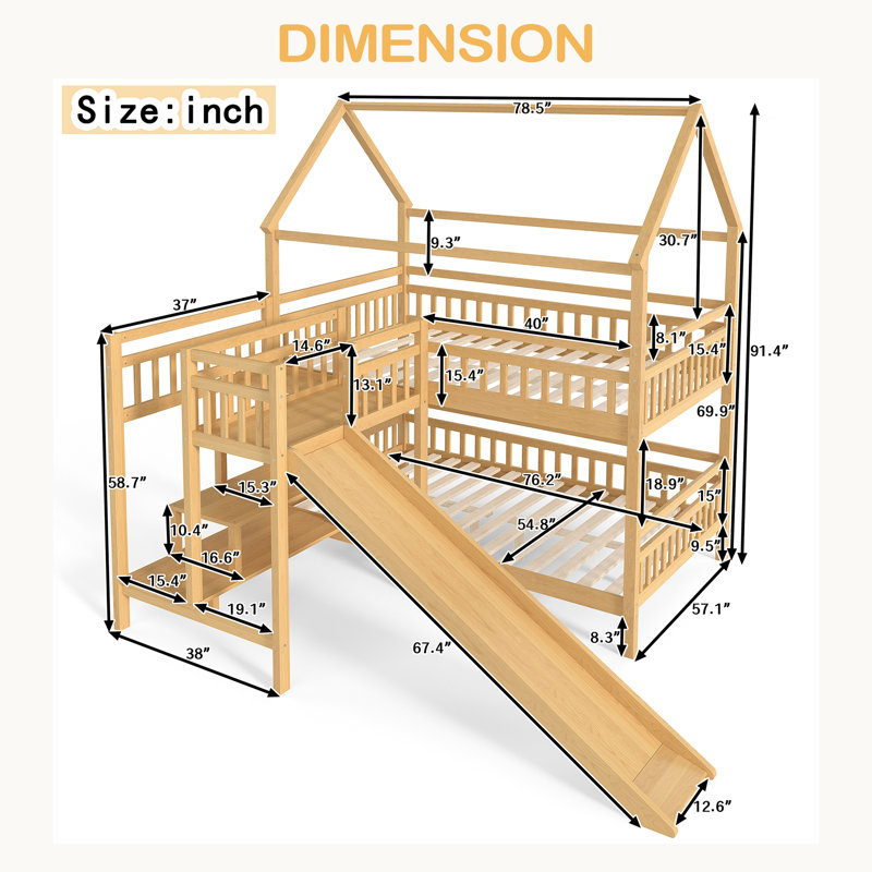 House-Shaped Bunk Bed With Slide,Playhouse Bed With Storage Stairs,Two Placement Methods ,Noise-Free Design, Natural