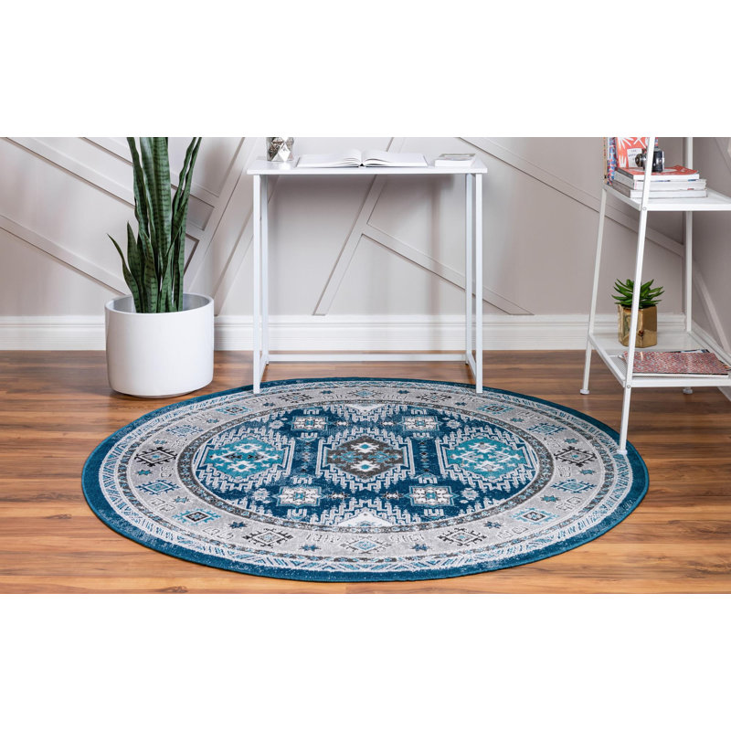 Tapis bleu à motif géométrique Dota, Rond 8 pi