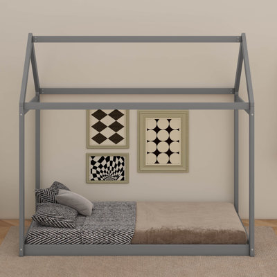 Cadre de lit bas moderne en bois massif, lit simple en forme de maison