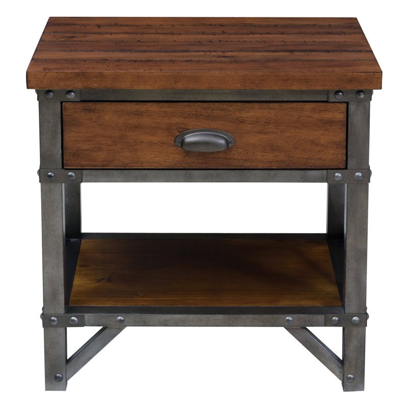 Haverhill Modern Rustic Brown Nightstand With 1 Drawer and Shelf Metal Frame Night Side Table