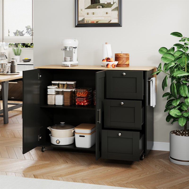 Kitchen Island With 3 Drawers And 2 Doors, Black
