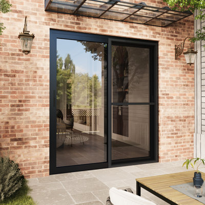 Porte-patio coulissante 96 po x 80 po avec quincaillerie en verre transparent noir et moustiquaire