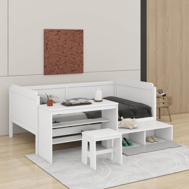 Lit de jour simple avec tablettes de rangement, casiers, bureau et tabouret assorti, Blanc