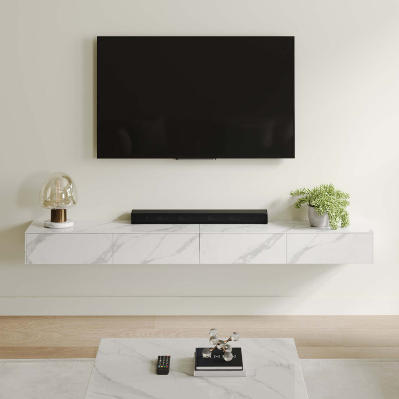 Hithin Floating TV Stand, Entertainment Center with Drawers, Solid Wood, Fully-Assembled, 86.61", White