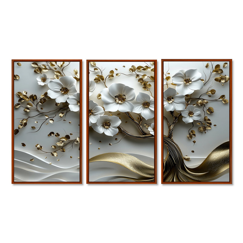 Ensemble de décorations murales cerisier blanc et or blanc I - Cherry Blossom, Toile tendue, H 40 po x l 60 po x P 1 po