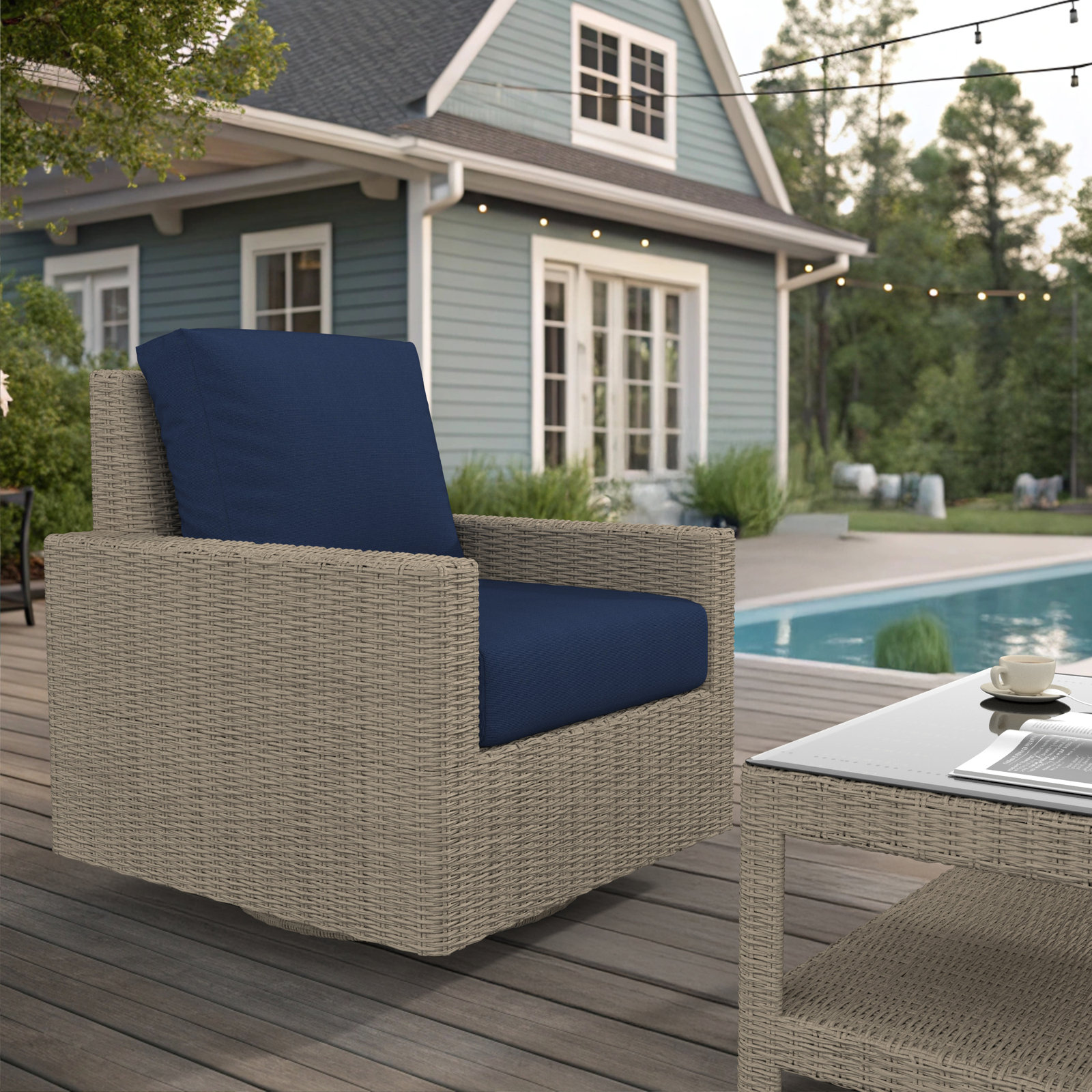 Outdoor Swivel Chair With Sunbrella Cushions, Canvas Navy, Solid Color