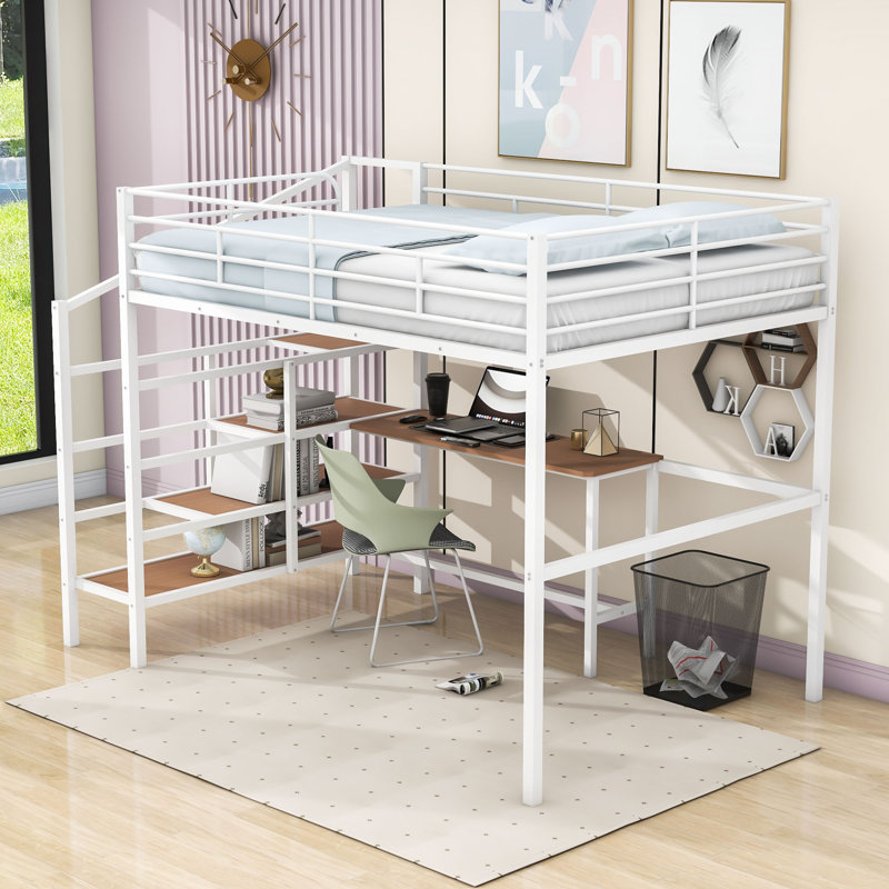 Full Metal Loft Bed With Desk, Storage Stairs And Guardrails, White