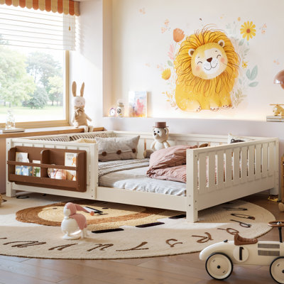 Structure de lit double avec tête de lit bibliothèque, barrière de sécurité, lit pour enfant avec rangement, beige