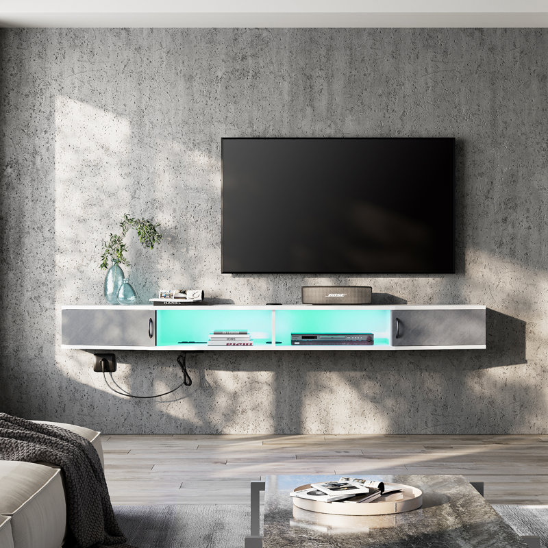 Meuble télé flottant pour téléviseur de 85 po ou moins, Blanc / Vert