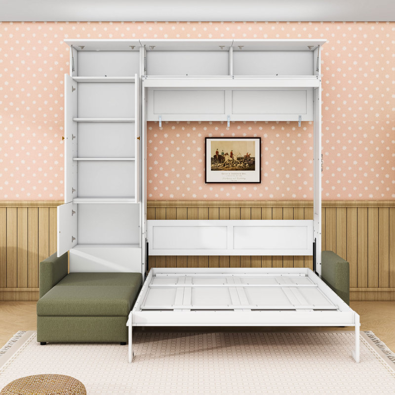 Grand lit escamotable avec canapé en L intégré et tablettes de rangement, Vert