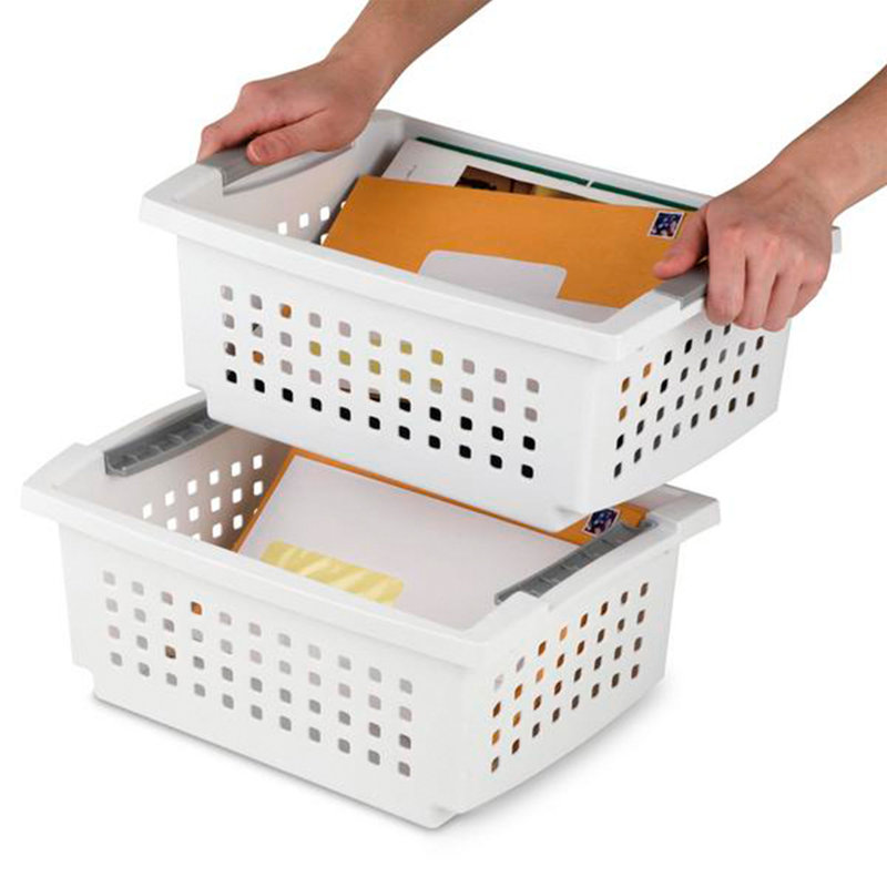 Sterilite Small Stacking Storage Basket with Comfort Grip Handles, White