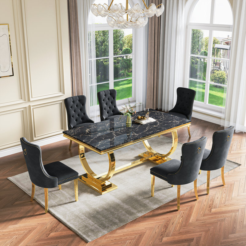Rectangular 70.1"L X 35"W Dining Set, Black/Gold, Black/Gold, 7 Pieces: Table, 6 Chairs
