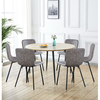 Cullompton Large Round Dining Table With Light Oak Effect Top (120Cm) With 6 Taupe Leather Effect Chairs
