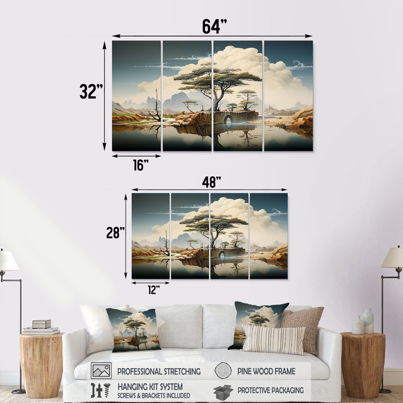 Surrealism Desert Landscape I - Surrealism Landscape 4 Piece Wall Art For Living Room, 32" H x 64" W