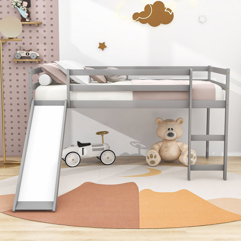 Twin Size Wooden Loft Bed with Slide, Gray