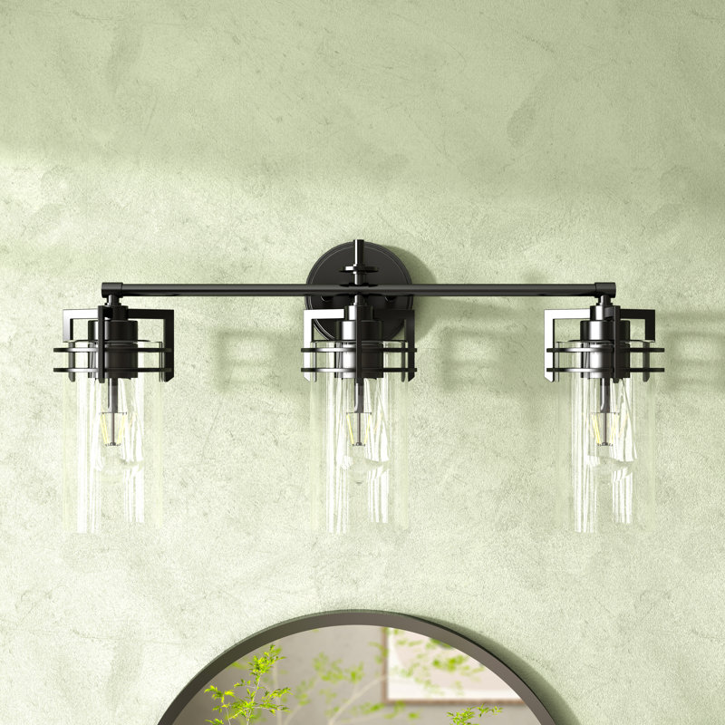 Éclairage de salle de bain à intensité variable à 3 lumières de 24 po Plust noir mat avec abat-jour en verre transparent Plust