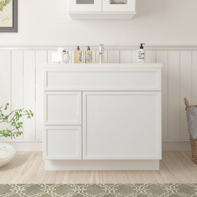 Armoire de salle de bain sur pieds 36 po avec 1 porte et 2 tiroirs, sans comptoir, prête à assembler, blanc Colton