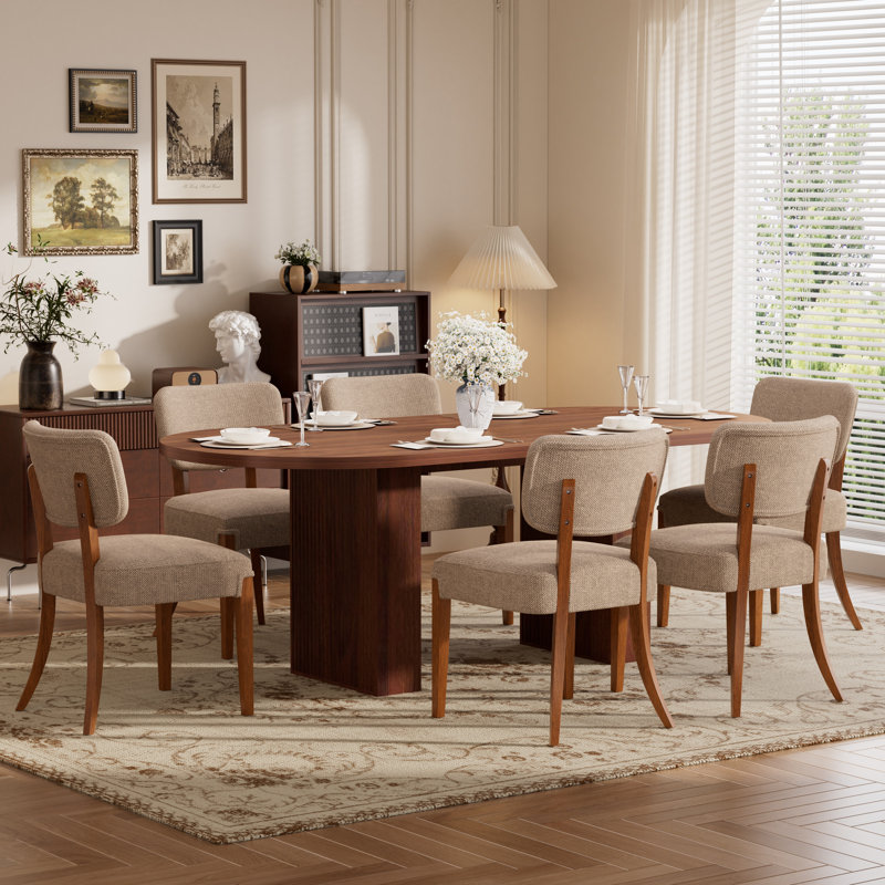 62.9in Dining Table Set with 4/6 Fabric Chairs, Modern Farmhouse for  Kitchen, Dining, Brown, Walnut, 1 Table+6 Chairs