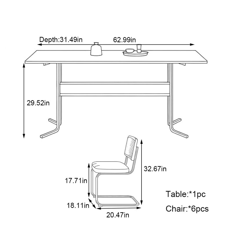 Durable Top Solid Ash Wood Dining Table Set, 29.52"H x 62.99"L x 31.49"W