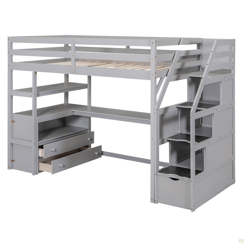 Lit mezzanine simple avec bureau et tablettes, deux tiroirs intégrés, escalier de rangement, Gris