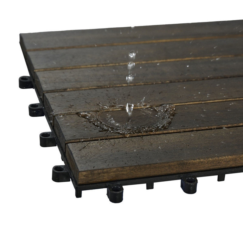10Pcs Dark Brown Striped Acacia Hardwood Interlocking Deck Tiles for Patio Balcony Poolside