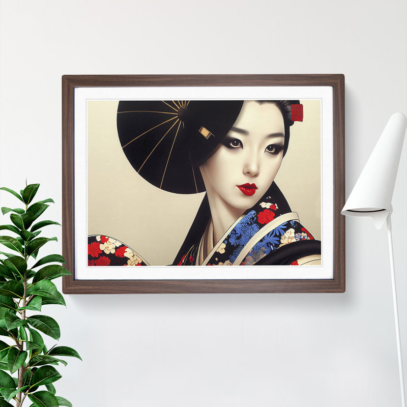 Charming Geisha - Single Picture Frame Print, 46cm H x 64cm W x 2cm D, Walnut