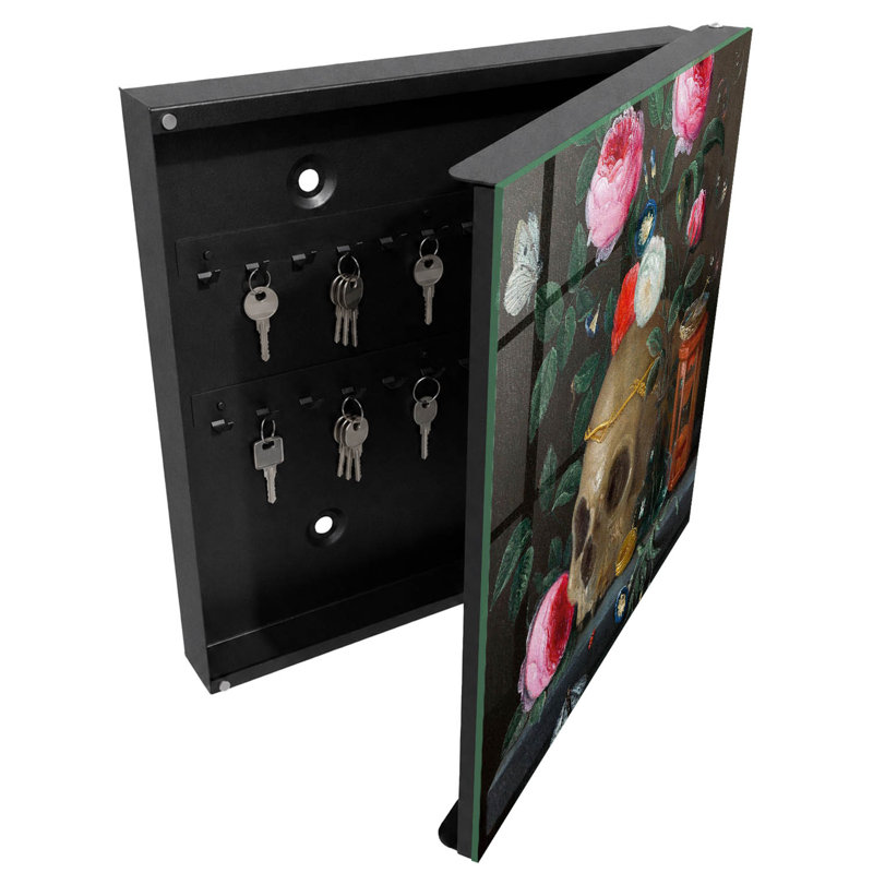 Key cabinet, Opens to the left, 30x30x5, White, Skull and flowers green balance of expression, 