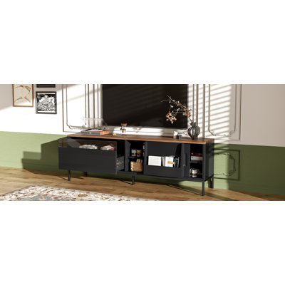 Meuble télé U-Can de 70,8 po pour téléviseur de 75 po ou moins, meuble télé avec espace de rangement, portes coulissantes, tablettes réglables et structure en métal, meuble télé Mid-Century moderne pour salon