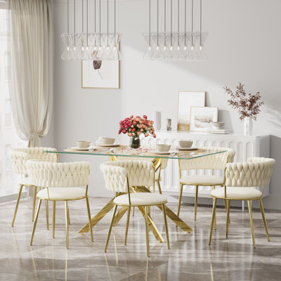 Clear Rectangle Pedestal Dining Set with Weaven Velvet Dininig Chair