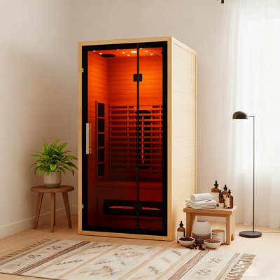 Smartmak® Full Spectrum Infrared Sauna for 1 Person, Indoor Canadian Hemlock Wood Upgraded WiFi Control Home Spa Saunas, Speaker, Oxygen bar, Reading & 7-Color Starry Light, 1350 W, 110V US Plug